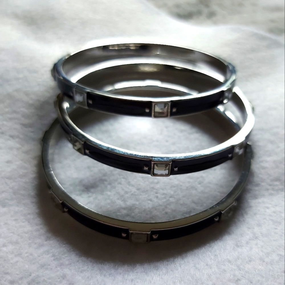 Lia sophia chrome and black bangle bracelets with square diamond detail